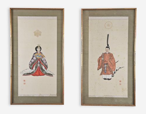 A pair of Japanese portraits on silk of Emperor Taisho and Empress Teimei