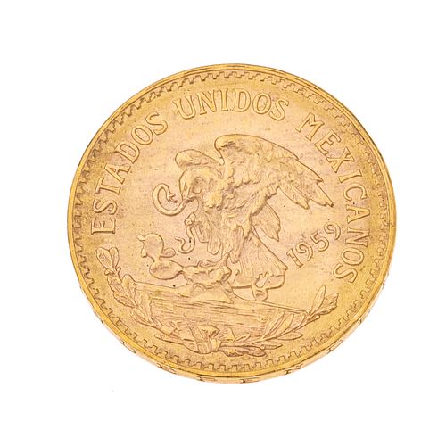 Moneda de 20 pesos oro amarillo de 21k. Peso: 16.7 g.