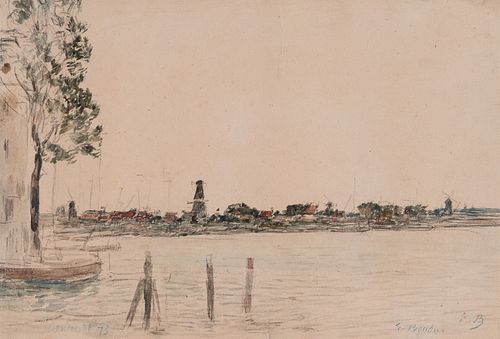 EUGÈNE BOUDIN (France, 1824 - 1898). "Dordrecht, La Meuse; Study of an Estuary," 1875. Watercolor and graphite on laid paper.