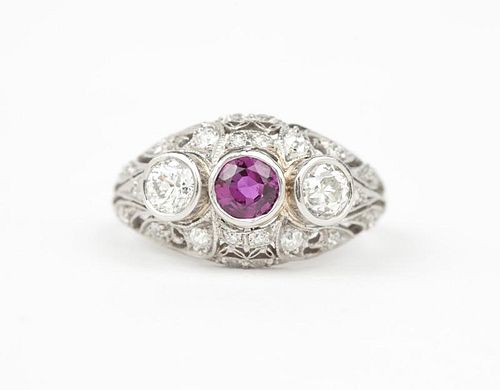 A ruby, diamond and white gold ring