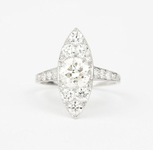 A diamond and platinum navette ring