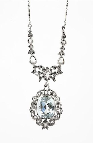 An antique aquamarine and diamond necklace