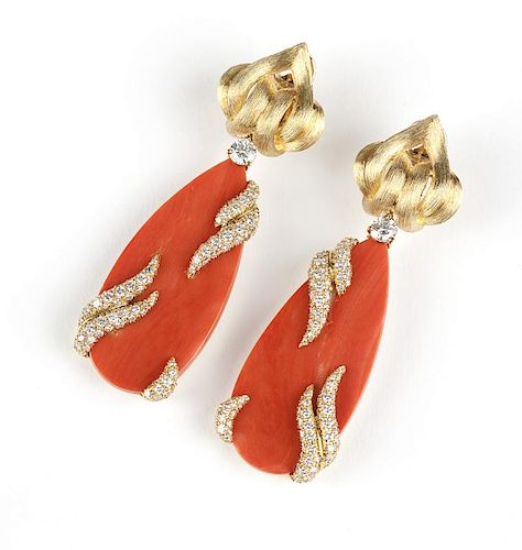 A pair of coral & diamond earrings, Henry Dunay