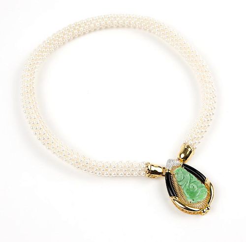 A seed pearl, gold and jade necklace