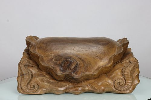 Intricately Hand Carved Solid Wood Helmet Diving Stand