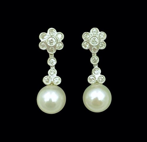 Estate Diamond and Pearl Drop Earrings