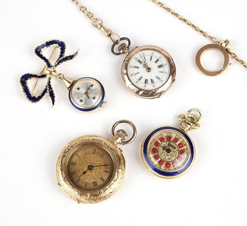 A group of four timepieces and fob/chain