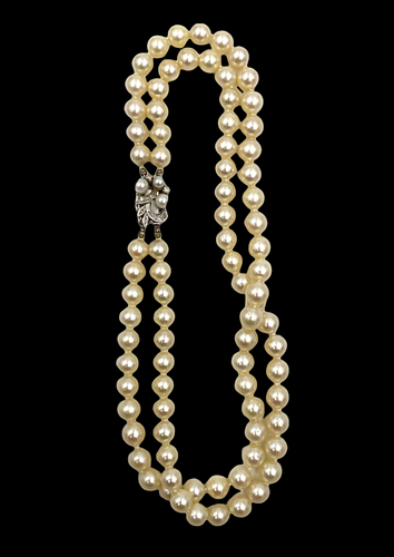 Estate Double Strand Pearl Necklace with Diamond Clasp