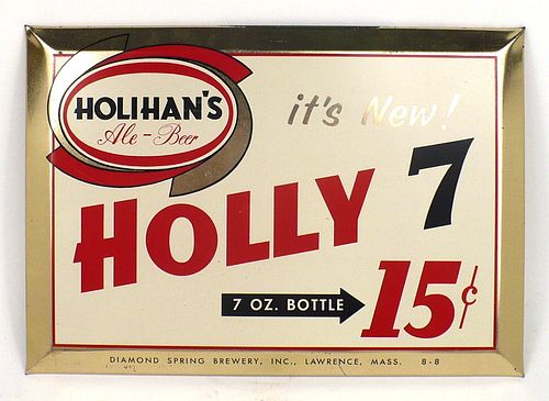 1960 Holihan's Ale-Beer Holly 7 Tin-over-Cardboard TOC Sign Lawrence, Massachusetts