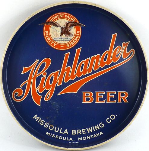 1939 Highlander Beer 12 inch tray  Missoula, Montana