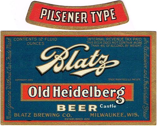 1935 Blatz Old Heidelberg Beer 12oz  No Ref. Milwaukee, Wisconsin