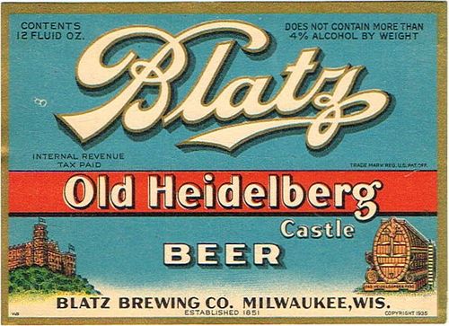 1935 Blatz Old Heidelberg Castle Beer 12oz  No Ref. Milwaukee, Wisconsin