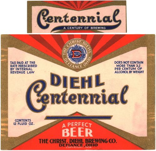 1933 Diehl Centennial Perfect Beer 12oz  OH63-25V Defiance, Ohio