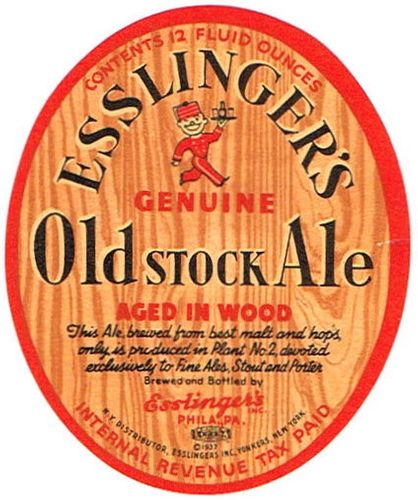 1937 Esslinger's Old Stock Ale 12oz  PA72-17 Philadelphia, Pennsylvania