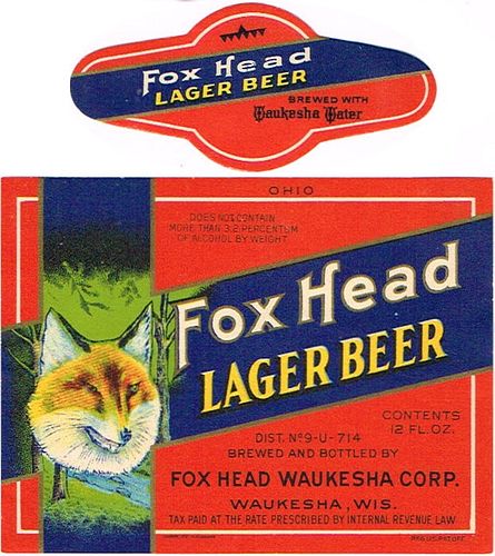 1935 Fox Head Lager Beer (Ohio) 12oz  WI514-39V Waukesha, Wisconsin