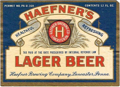 1933 Haefner's Lager Beer 12oz  PA43- Lancaster, Pennsylvania