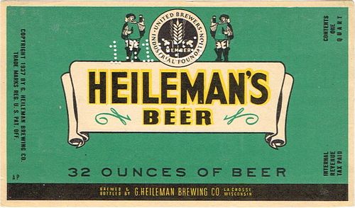 1937 Heileman's Beer 32oz  One Quart  WI215-31 La Crosse, Wisconsin