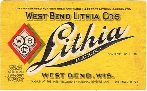 1934 Lithia Beer 12oz  WI525-12V West Bend, Wisconsin