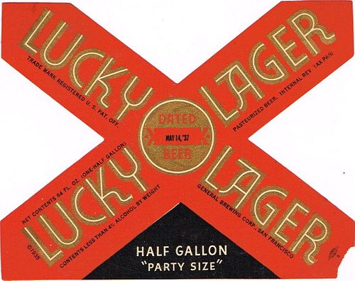 1937 Lucky Lager Beer 64oz  Half Gallon  WS37-18 San Francisco, California