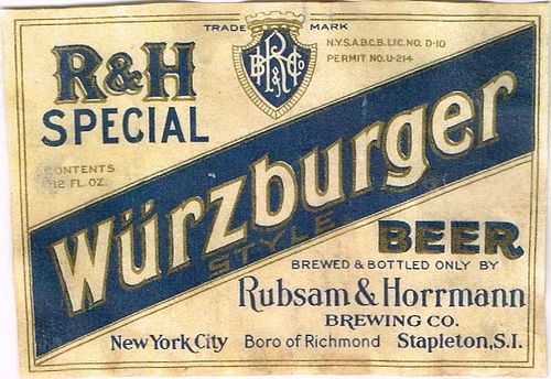 1936 R&H Wurzburger Beer 12oz  NY83-03V Stapleton, New York