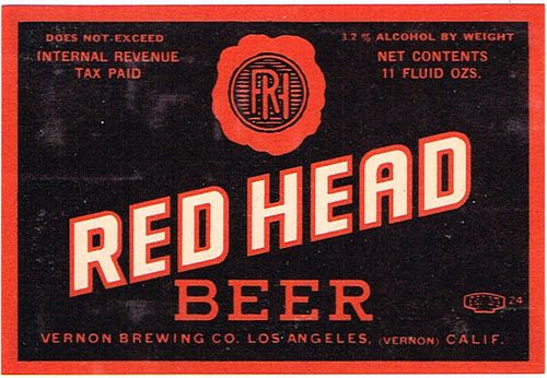 1938 Red Head Beer 11oz  WS22-19 Vernon, California