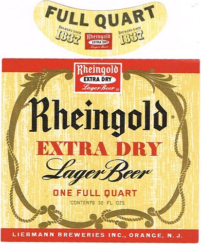 1950 Rheingold Extra Dry Lager Beer 32oz  One Quart Orange, New Jersey