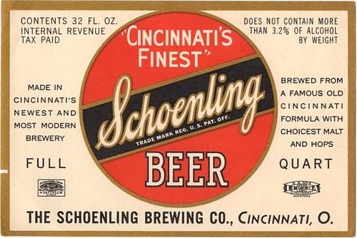 1947 Schoenling Beer 32oz  One Quart  OH33-18 Cincinnati, Ohio