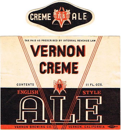 1934 Vernon Creme Ale 11oz  WS22-12V Vernon, California