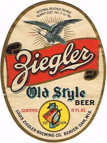 1936 Ziegler Old Style Beer 12oz  WI28-08 Beaver Dam, Wisconsin