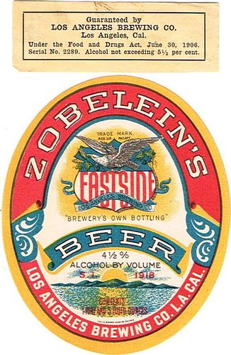 1918 Zobelein's Eastside Beer 21oz  WS14-03V Los Angeles, California