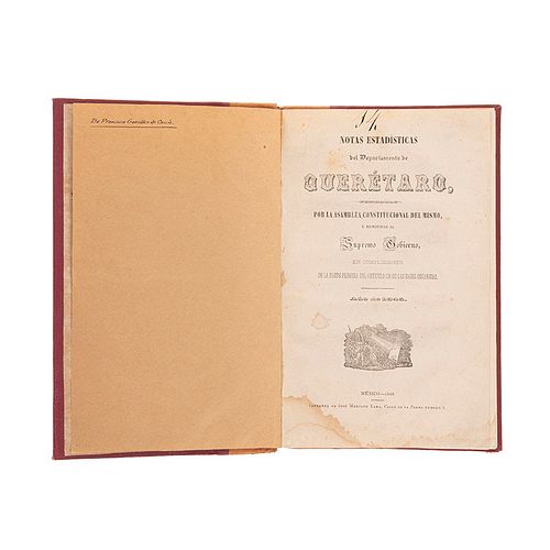Notas Estadísticas del Departamento de Querétaro, formados por la Asamblea Constitucional... México, 1845.