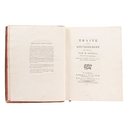 Locke, John. Traité du Gouvernement Civil. Paris: De l'Imprimerie de Desveux, 1795.