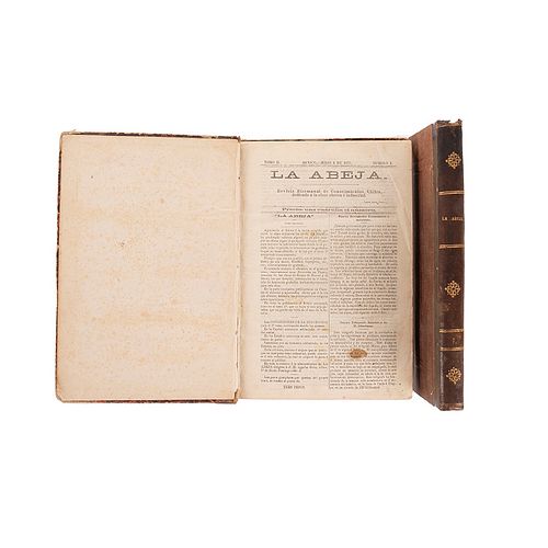 Aguilar Ortiz, J. M. (Editor). La Abeja. México: Tip. de Flores Monsalvo, 1874 - 1875. Tomos I-II. 103 números en dos volumenes.