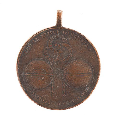 Guerrero, José María. Ejército Trigarante.  Medalla en cobre, 50 mm. diámetro, peso 55.9 gr., con reasa. Primera época. ca. 1821.
