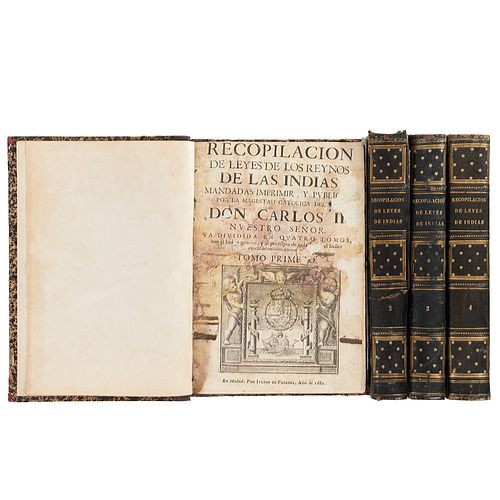 Recopilación de las Leyes de los Reynos de las Indias. Madrid: Iulian de Paredes, 1681. Primera impresión, primera edición. Piezas: 4.