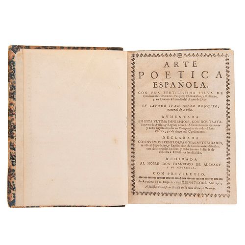 Díaz Rengifo, Iván. Arte Poética Española, con una Fertilissima Sylva de Consonantes Comunes, Proprios... Barcelona: 1703. Dos láminas.