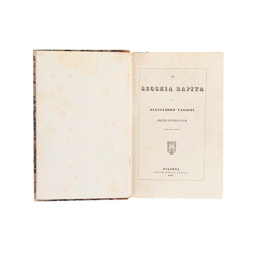 Tassoni, Alessandro. La Secchia Rapita. Firenze: Pressio Spirito Batelli, 1840. Retrato del autor en negro y 24 láminas coloreadas.