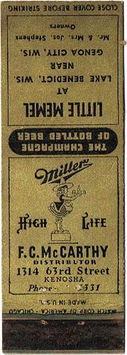 1939 Miller High Life Beer 115mm WI-MILLER-MCCb - Little Memel at Lake Benedict near Genoa City Wisconsin