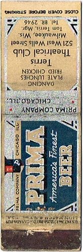 1933 Prima Beer 116mm IL-PRIMA-3 - Terris Theatrical Club at 521 West Wells Street Milwaukee Wisconsin