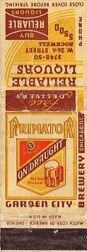 1940 Primator Beer 113mm IL-GC-4 - Reliable Liquors at 3748-3750 West 26th Street Chicago Illinois