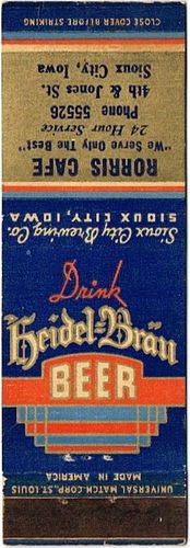1938 Heidel BrÃ¤u Beer 114mm IA-SC-3 - Rorris Cafe at 4th & Jones Street Sioux City Iowa