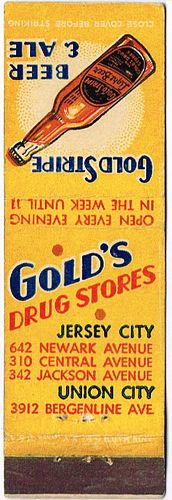 1938 Gold Stripe Beer/Ale 116mm MD-BURTON-2 - Gold's Drug Stores Jersey City Union City New Jersey