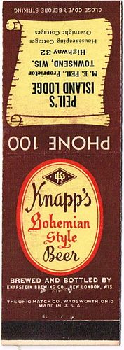 1950 Knapp's Bohemian Style Beer 113mm WI-KNAP-5 - Peil's Island Lodge Highway 32 Townsend Wisconsin
