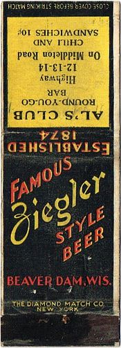 1934 Ziegler Style Beer WI-ZIEG-2 - Al's Club Round You Go Bar Middleton Road