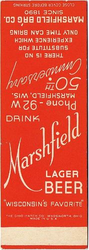 1940 Marshfield Lager Beer (sample) 113mm WI-MARSH-1 - There Is No Substitute For Experience...