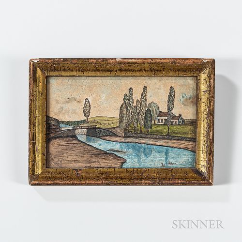 Small Watercolor on Paper Landscape with Bridge
