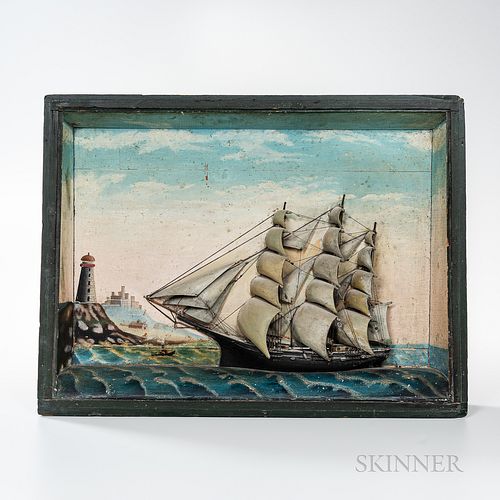 Painted Shadowbox Diorama of a Ship off Shore