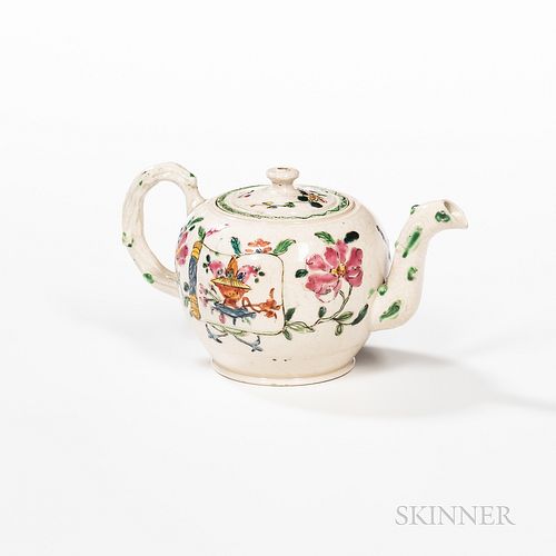 Small Staffordshire Enamel-decorated Salt-glazed Stoneware Teapot