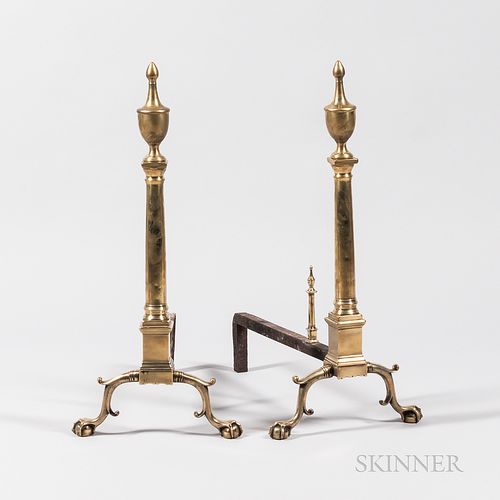 Large Pair of Columnar Brass and Iron Andirons