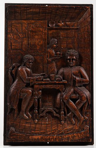 Relief-carved Oak Plaque "The Rogues Conference At the Inn,"